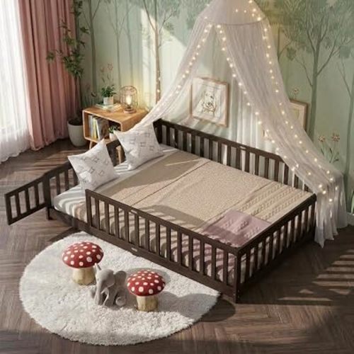 Queen Floor Bed with Safety Guardrails for Kids, Rubber Wood Montessori Bed with Slats and Convertible Door,Queen Size Bed Frame for Girls and Boys,No Box Spring Needed,Espresso
