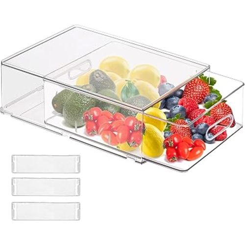 bealy Stackable Clear Storage Drawer with 3 Dividers for Pantry Shelf, Fridge Organizer for Fruit, Food,Vegetable, Pantry Containers Organization,BPA Free,6.34QT