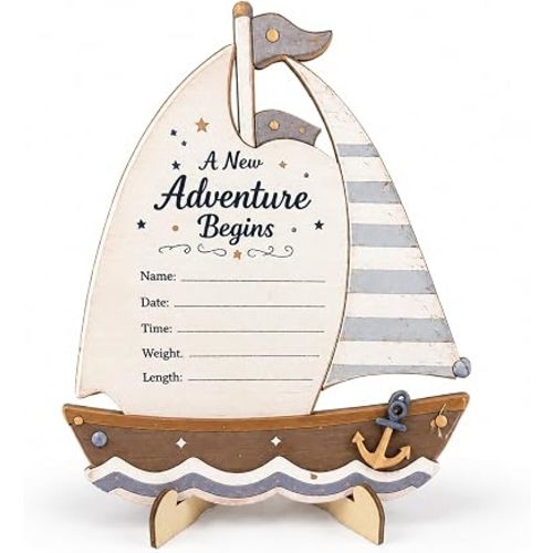 Newborn Announcement Sign for Boy, Blue Sailboat