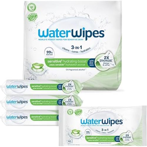 Lingettes WaterWipes Sensitive+ Boost Hydratant, 3-en-1 Nettoie, Soigne, Hydrate, 99% Eau avec Aloe Vera, Lingettes pour Bébé Non Parfumées et Hypoallergéniques, 360 Unités (6 Paquets)