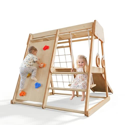 LINKHOO Indoor Jungle Gym for Toddlers Ages 1-4, Wooden Montessori Climber Playset w/Slide, Climbing Net, Monkey Bars, Rope Ladder- Indoor Playground Birthday Gift