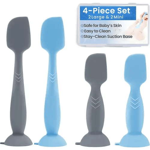 4-Pack Diaper Cream Spatula – Soft-Flex Silicone Butt Spatula for Babies, 2 Large & 2 Mini with Travel Case, Gentle Yet Firm Tip for Smooth, Even Diaper Rash Cream Application, Newborn Baby Essential