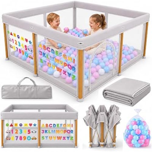 Foldable Baby Playpen 50 x 50 in with Mat, 30 Balls, Grey Toddler Playard