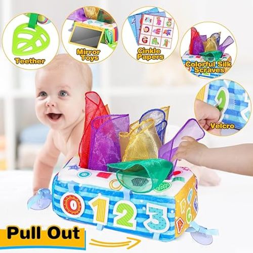 Baby Tissue Box Toy, Soft Montessori Tissue Box Baby Toys 6 to 12 Months, High Contrast Crinkle Paper Sensory Silk Scarves Toys for 1 Year Old Boys Girls Kids Early Learning Gifts