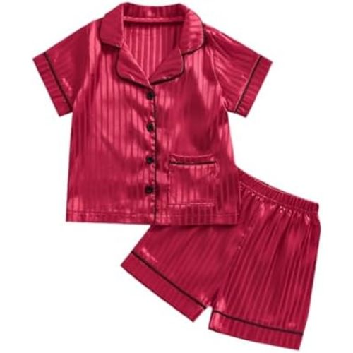 Kuriozud Toddler Kids Little Girls Halloween Satin Pajamas Satin Silky Pjs Set Short Sleeve Button Down Nightwear Sleepwear