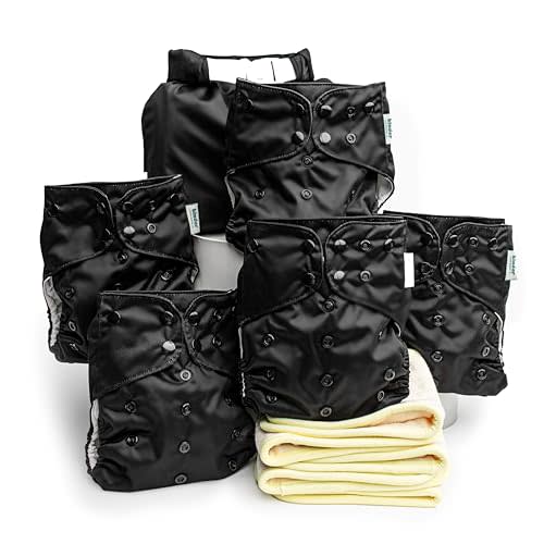 Kinder Cloth Diapers Set of 5 Reusable Baby Diapers Pocket Style Athletic Wicking Jersey, Bamboo Viscose Inserts, Wet Bag, Newborn to Potty Training 7-60lbs, One Size (Midnight)