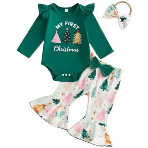 My First Christmas Baby Girl Outfit Romper Flared Pants Headband
