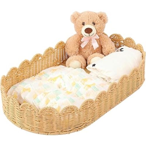 Handmade Scalloped Rattan Baby Changing Basket 30 x 16.5 x 5.1 Inch Changing Table Basket for Baby Dresser Extra High Sides Scallop Diaper Organizer for Nursery Decoration