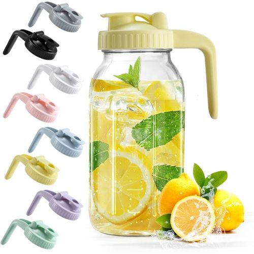 Mason Jar with Pour Spout Lid V-shaped, 2 Quart Iced Tea Pitcher Double Leak Proof, 64 oz Drink Pitcher for Breastmilk, Sun Tea, Juice, Coffee Creamer