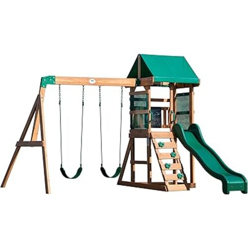Backyard Discovery Buckley Hill Cedar Wood Swing Set with Wave Slide, Play Deck, Rock Wall Ladder, Belt Swings, Chalkboard, Canopy Roof, Outdoor Playset