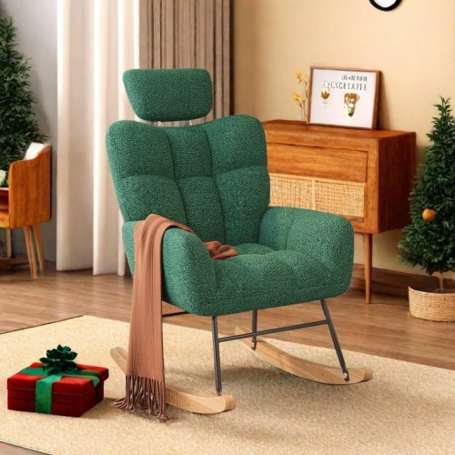 Lofka Glider Rocking Chair Nursery, Comfy Accent Chair Armchair with High Backrest Teddy Soft Upholstered Living Room Chairs for Reading Bedroom Living Room Home Office (Retro Green)