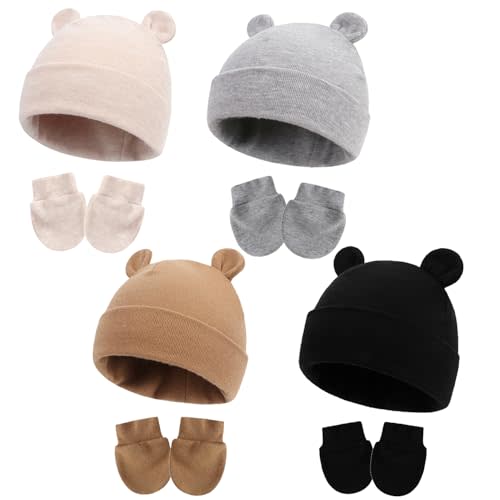 Newborn Hat Mittens Baby Boys Girls Cotton Hat Gloves Set Infant Beanie for 0-6 Months