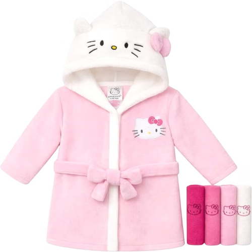 Hello Kitty Baby Girls Hooded Bathrobe & 4 Washcloths, Pink, 0-9 Months, 5-Piece Set