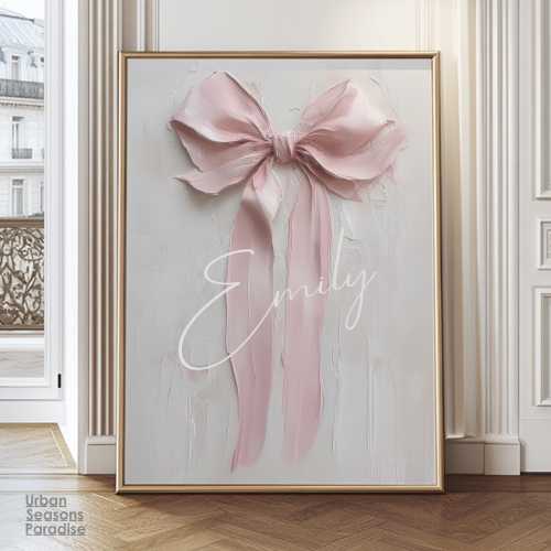 Personalized Name Bow Wall Art, Custom Baby Girl Gift from Mom, Coquette Ribbon Impasto Painting, Elegant Pink Keepsake for Nursery Decor