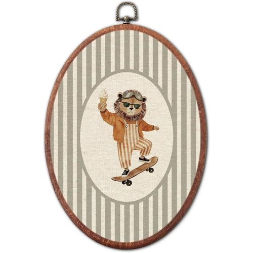 XSTWLJ Vintage Lion Skateboarding Nursery Oval Wall Art, Grey Striped Canvas Prints Framed, Retro Wall Art Hanging Decor for Bedroom Living Room Kids Toddler Room Playroom Decoration, 8.6x11.4 Inch