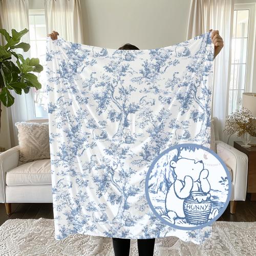 Winnie the Pooh Baby Blanket: Blue Toile Velveteen Plush