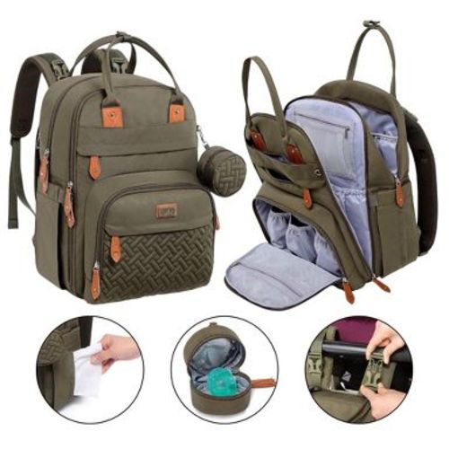 BabbleRoo Diaper Bag Backpack Stylish 26L Hands Free Baby Bag with Changing Pad, Stroller Straps & Water-Resistant Pañaleras , Army Green, Large