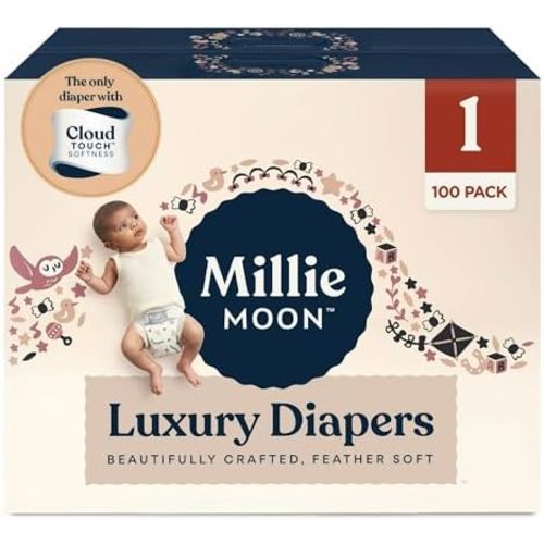 Millie Moon Luxury Diapers, CloudTouch Softness, 12-Hour Leak Protection, Hypoallergenic for Sensitive Skin (1-100ct)