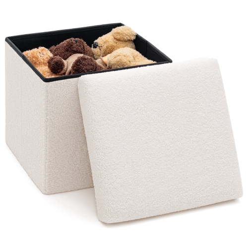 Lusimo Boucle Small ottoman with storage for living room, 16" Folding storage bench Foot Rest, End of Bed Bench for Bedroom Entryway, Faux Shearling Fabric Cube Seat White