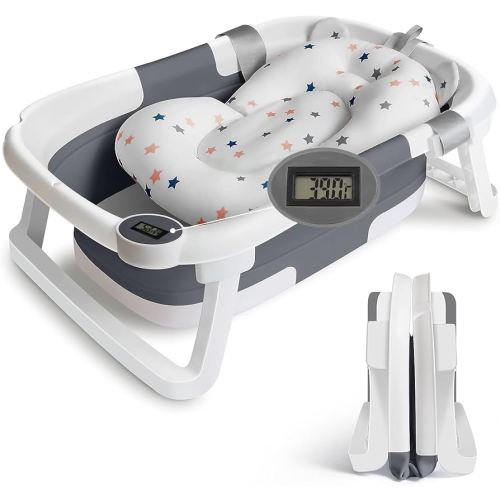 Befol Collapsible Baby Bathtub for Infants to Toddler, Portable Travel Bathtub Multifunctional Bathtub with Drain Hole, Baby Folding Bathtub for Newborn 0-36 Month (grey+Floating Baby Bath Cushion)