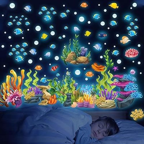 Glow in The Dark Sea Turtle Wall Decals,Under The Sea Turtle Bathroom Wall Stickers Ocean Wall Decor for Kids Baby Nursery Living Room Beach Room Decor