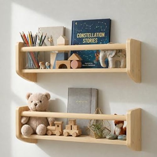 Nursery Bookshelf Set of 2, 16” Natural Unfinished Pine Floating Shelves, Montessori Front Facing Baby Book Shelf, Kids Wall Mounted Bookshelf Organizer with Support Rod for Bedroom, Screw Mount