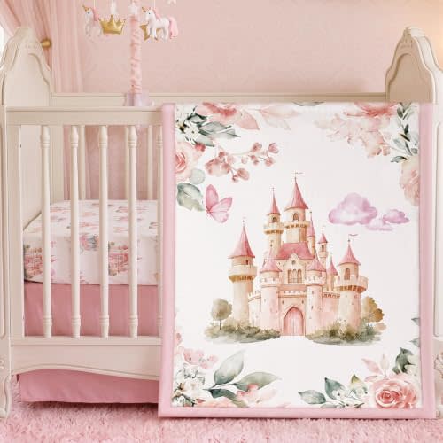 Hahafelt 3 Pcs Pink Princess Baby Crib Bedding Set for Girl | Includes Soft Quilt, Fitted Sheet, Skirt, Watercolor Castle Carriage Nursery Bedding for Standard Newborn Infant Bed