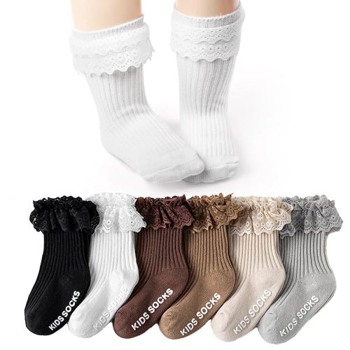 6 Pairs Baby Girl Ruffle Socks, Cute Non Slip Grip Socks for Toddler Infant Newborn Babies Kids Princess, Indoor Soft Cotton Lace Frilly Socks, 0-12 Months