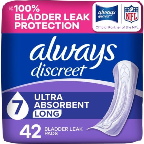 Always Discreet Adult Incontinence Pads for Women, Drier, 7 Drop Long Length, Ultra Absorbency, Pads for Bladder Control Management, Bladder Leaks, Overnight & Postpartum Pads, 42ct