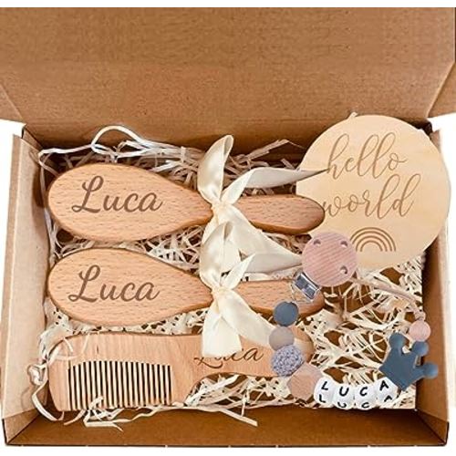 Personalized Wooden Baby Hair Brush and Comb Bristles,Personalized Pacifier Clip with Name Newborn Baby Gift Set