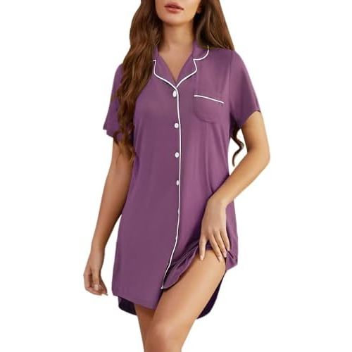 Pjmlifecoco Nightgown for Women Button Down Sleepshirt Short/Long Sleeve Nightdress Soft Modal Sleepwear S-XXL