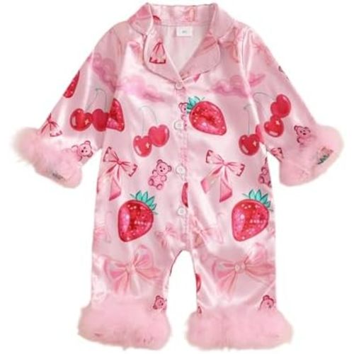 Baby Girl Satin Pajamas Bow Print Silk Romper Pjs Long Sleeve Feather Trim Button Down One-Piece Sleepwear Jumpsuit