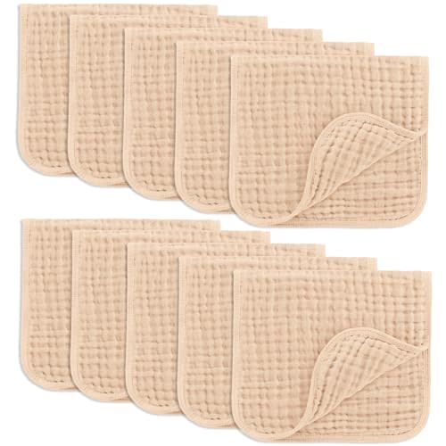 Comfy Cubs Muslin Burp Cloths 20" x 10", Pack of 10 - Large, 6-Layer, Ultra Absorbent 100% Cotton for Baby Drool and Messes - Soft, Safe & Gentle Baby Burp Cloths for Boys & Girls - Cream