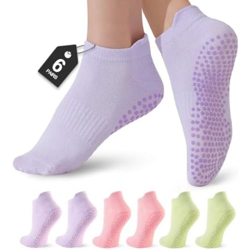 6 Pairs Pilates Socks for Women, Grip Yoga Crew Socks, Non Slip Grippy for Barre, Ballet, Dance & Hospital