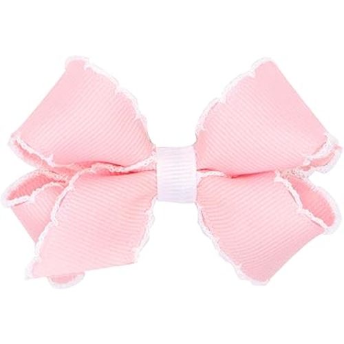 Wee Ones Girls' Classic Grosgrain Moonstitch Edge Hair Bow on a WeeStay Hair Clip, Contrasting Edge, Mini, Light Pink with White