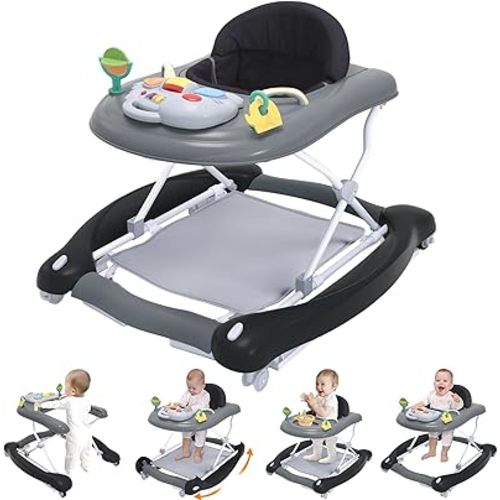 Foldable Baby 5-in-1 Activity Walker - Rocker, Activity Center, Bouncer, Seat Walker, Push Walker - Adjustable Speed Rear Wheels and Height Toys Ages 6-18 Months… (Black)