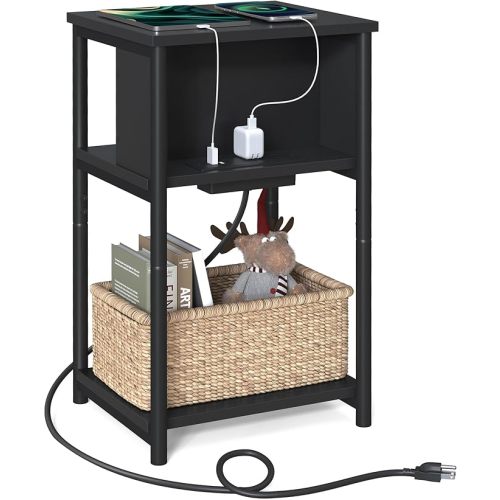 VASAGLE Side Table with Charging Station, 3-Tier End Table with USB Ports and Outlets, Nightstand for Living Room, Bedroom, 11.8 x 13.4 x 22.8 Inches, Plug-in Series, Black