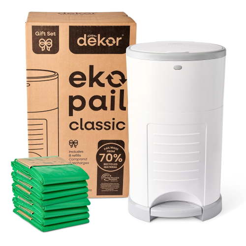 EKO Classic Diaper Pail Gift Set, White | ONLY Eco-Friendly Diaper Pail Made with 70% Recycled Materials | Comes with Up To a Year's Supply Worth of Diaper Refills!