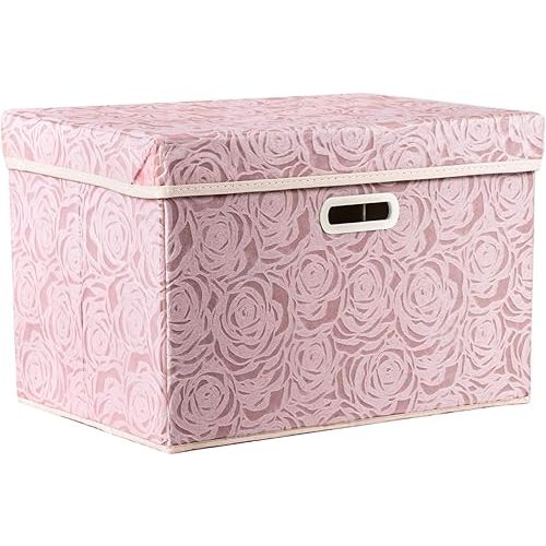 PRANDOM Larger Collapsible Storage Bin with Lid [1-Pack] Fabric Decorative Storage Box Cube Organizer Container Baskes with Handles Divider for Bedroom Closet Living Room Pink 17.7x11.8x11.8 Inch