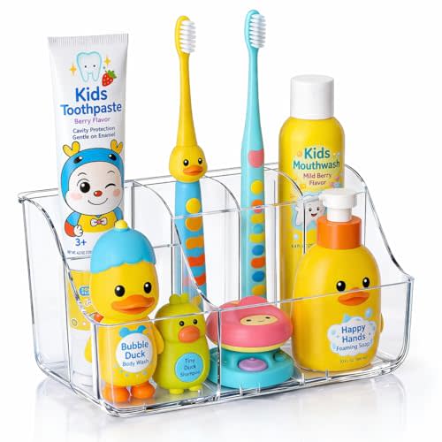 Sotfamily Clear Kids Toothbrush Holders for Bathrooms, 1 Pack(No-Drill) | Space-Saving Wall-Mounted Tooth Brush & Toothpaste Holder for Bathroom Countertop or Wall, Bathroom Organizers and Storage