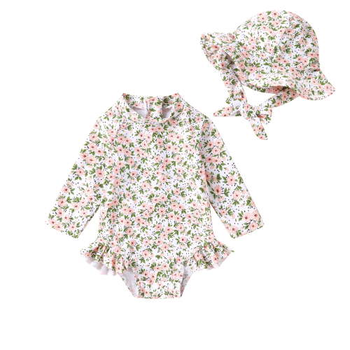 Younger Tree Infant Baby Girl One-Piece Swimsuit Long Sleeve Rash Guard Swimwear Hat Bathing Suit Set for 3-6 Months
