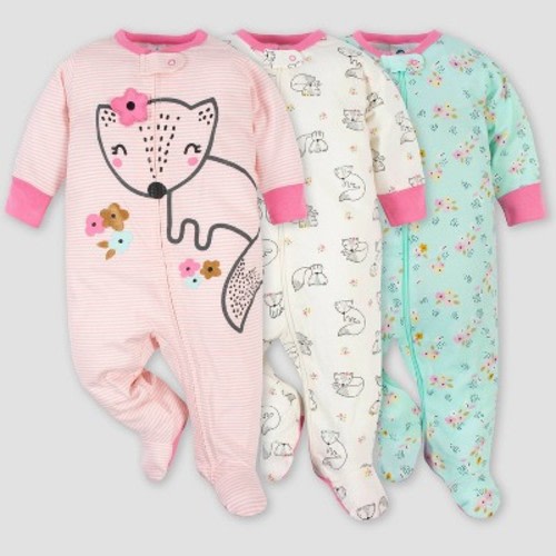 Gerber Baby Girls' 3pk Fox Zip-Front Sleep N' Play - Pink, Size: Newborn