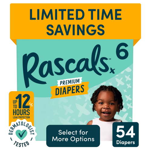 Rascal + Friends Premium Size 6 Diapers, 54 Count with 12 Hour Leak Protection and Dermatest Certified