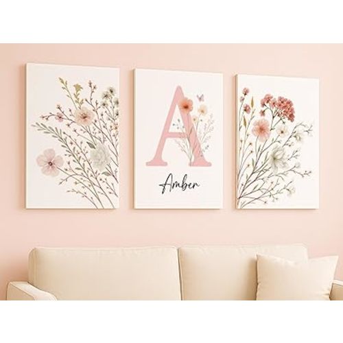 Personalized Girls Nursery Wall Art - Custom Name Pink Floral Butterfly Canvas Print 3pc Framed Wrapped Canvas for Bedroom Living Room Entryway Study Room Initial Wall Decor Baby Shower Birthday Easter Graduation New Year Valentine's Day Gift (20×30cm/7.9