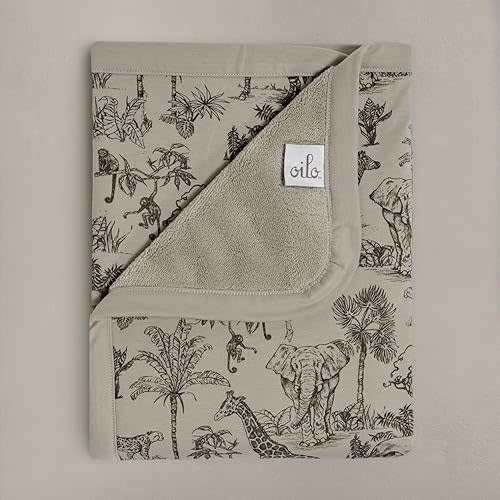 Oilo Baby Blanket, Luxury Plush Chenille Backing & Organic Cotton Jersey Print, Double Layered, 30" x 40", Rolled Jersey Edge Trim, Infant & Toddler Size, Heirloom Organic Collection, Vintage Safari