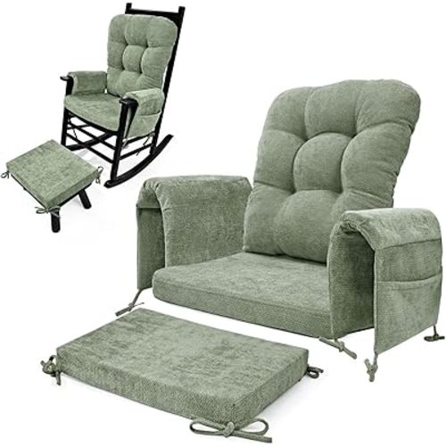 5 PCS Glider Rocker Replacement Cushions with Storage Side Pocket, Luxuriy Chenille Fabric Foam & Microfiber Filling, Thickened & Supportive Rocking Chair Cushion Set, Light Green