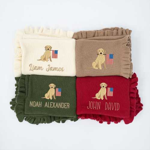 Patriotic Dog Embroidery Custom Name Baby Knit Blanket, Dog with American Flag, 4th of July Blanket, Veterans Day Embroidery Blanket