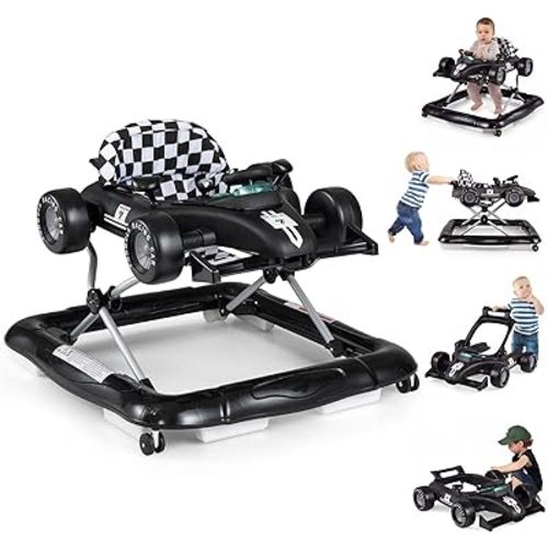 HONEY JOY Baby Walker, 4-in-1 Foldable Infant Activity Push Walker, Toddler Car Walker with Adjustable Heights, Music, Lights, Padded Seat, Baby Walker with Wheels for Boys Girls 6-18 Months (Black)