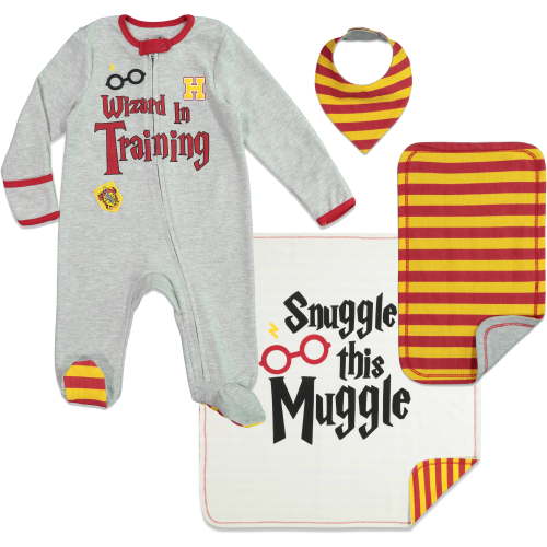 Harry Potter Baby Boys 4 Piece Outfit Set: Sleep N' Play Coverall Bib Blanket Burp Cloth 6-9 Months