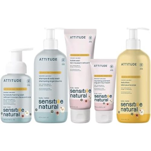 ATTITUDE Baby Sensitive Skin Bundle, Set of 5, 2-in-1 Shampoos, Bubble Wash, Body Lotion & Protective Ointment, EWG Verified, Vegan, Plant-Based